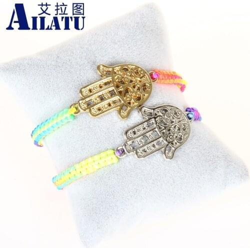 Ailatu Wholesale 20pcs Fashion Neon Fluorescent Jewelry Fatima Hamsa Hand Friendship Bracelet