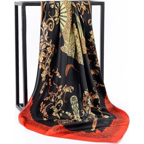 90*90CM Fashion Satin Printed Fan Square Scarf Lady Sunscreen Shawl Silk Scarf Factory Wholesale Women Decorate Scarves Print
