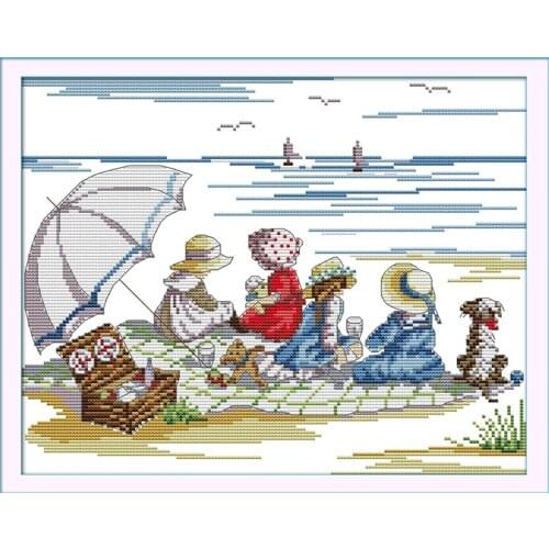 Playing on the beach (2) cross stitch kit cartoon 14ct 11ct count print canvas stitching embroidery DIY handmade needlework