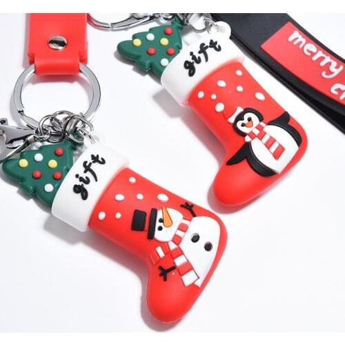 New soft rubber Santa socks hats, gloves,Keychain fur ball pendants, creative car keychain Keyring activities Christmas gifts