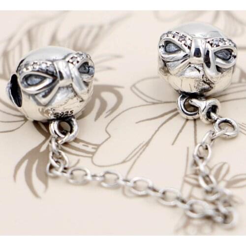 Original Pave Dainty Bow With Crystal Safety Chain Beads Fit 925 Sterling Silver Bead Charm Bracelet DIY Jewelry