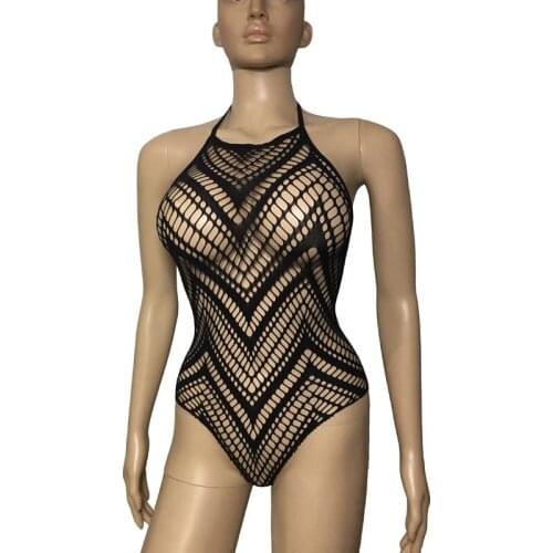 Sexy Women Lingerie Wave Stripe Mesh Leotard Teddies Halter Backless Bodysuit Bodystockings Female Erotic Underwear