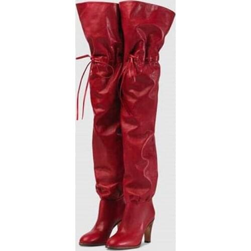 Sexy Red Leather Over The Knee Thigh High Boots Elastic Band Tall Boots Red High Heel Winter Boots Chunky Heels Casual Shoes