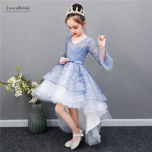 Flower Girls Dress Elegant Lace Applique Girls First Long Sleeves Communion Dresses Birthday Party Dresses XF040