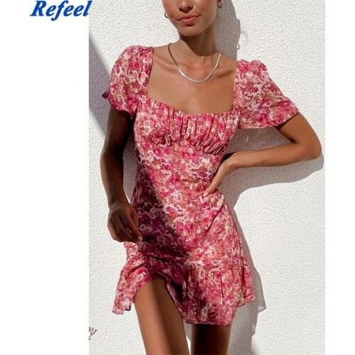Holiday Red Mini Dress Floral Print Vestidos Vintage Short Sleeve Girl Ruched Women Summer Dress