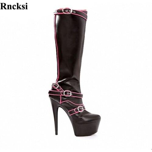 Rncksi New Girl Party Queen Buckle Chick Heels Platform Wedding Womens Boots Dance Shoes 15cm Heels High Knee High Boots