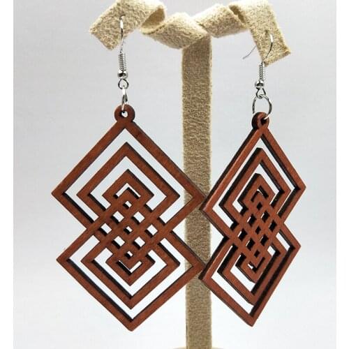 Roform 12 Pairs Good Quality Long Wood Earrings brown Rhombus Hollow African Woman Wooden Earring