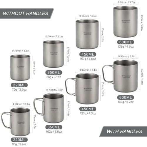 TOMSHOO 220/350/450/600ml Double Wall Titanium Water Cup Coffee Tea Mug for Home Office Outdoor Camping Hiking Picnic