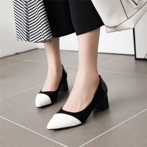 YMECHIC Fashion Office Shoes Women Patent Patchwork Suede Black Apricot Block High Heels Pumps Pointed Toe Womens Shoes Summer