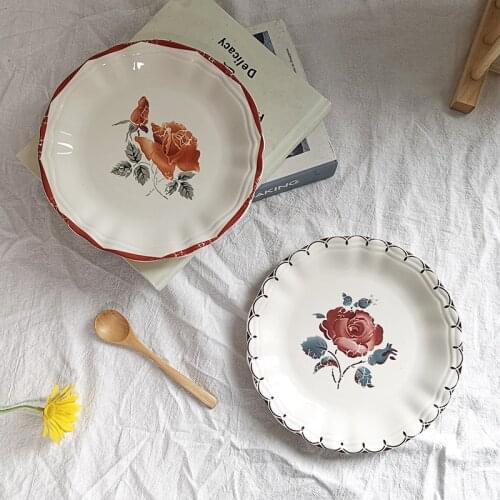 Vintage Rose Flower Plate Creative Ceramic INS Dim Sum Western Plate Plate Tableware Home Round Shape Afternoon Tea Cake Tray