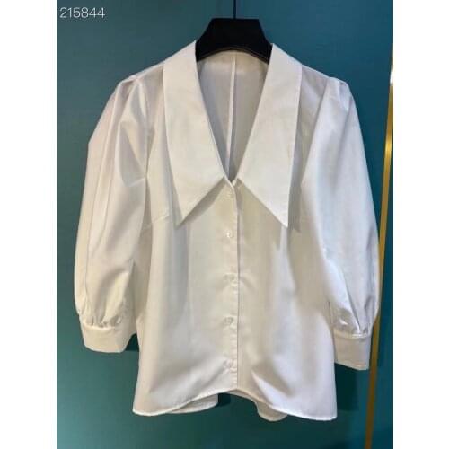 Europe Style Fashion Spring Women Blouses Runway Designers Peter Pan Collar 3/4 Sleeves Casual Shirts Office Lady Whte Tops