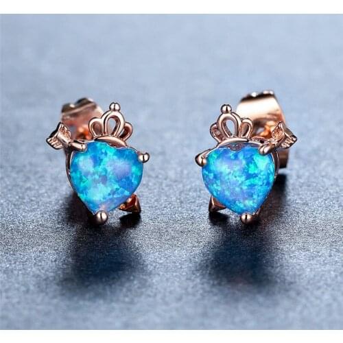 Charming White Blue Opal Stone Earrings Female Love Heart Small Stud Earrings Vintage Rose Gold Color Wedding Earrings For Women