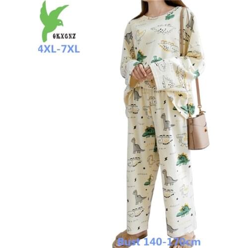 2020 Oversized Pajamas Two-piece Set Women Cotton Print Suits Plus size 4XL-7XL pullover Top Elastic waist Trousers Sets G834