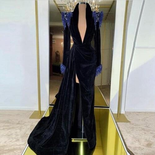 Saudi Arabic Evening Dresses Sexy Split Custom Made vestido de fiesta de boda Evening Dress Velvet Full Sleeve vestidos formales