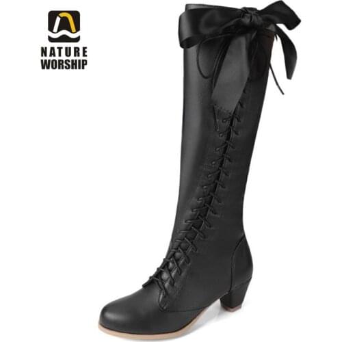 Winter Women Fashion Long Knee High Boots Med Heels Fleeces Worm Inside Round Toe Rome Butterfly-knot Zip Lace-up Fashion Sweet