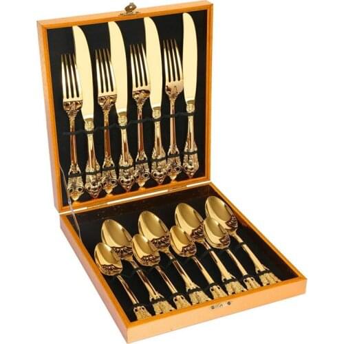 16pcs Luxury Gold Dinnerware Set Stainless Steel Retro Tableware Wedding Flatware Knife Fork Spoon Western Dinner Sets Kitchen