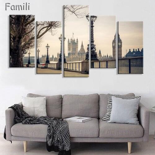 5 Panel Canvas Painting London Paris City Landscape Decorative Modern Paintings For Living Room Bedroom Wall Art Unframed