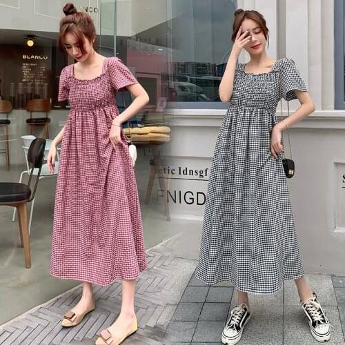 508# Maternity Clothes Color Blcok Summer Short Sleeve Easy Plaid Matching Loose Stylish Dress for Pregnant Women Mom Dress