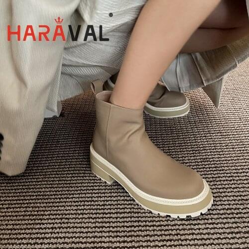 HARAVAL Martin Boots Women Shoes Elegant Spring Autumn Thick Bottom Round Toe Adult Solid Genuine Leather Platform Shoes E351L