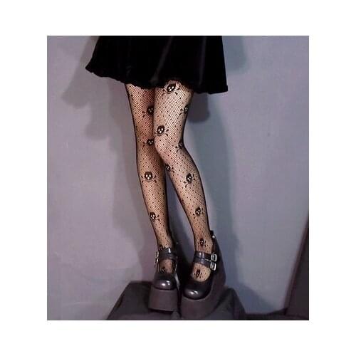 Black Gothic Lolita Mesh Stocking Cool Girl Punk Loli Skull Socks Student Cosplay Accessory Tight