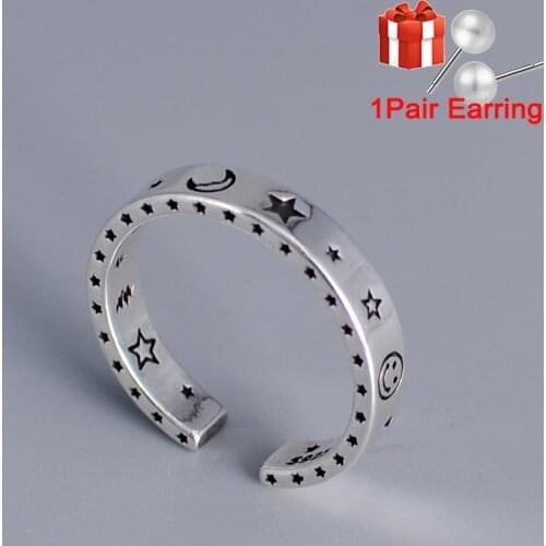 Hot Sell Vintage Moon Star Open Thai Silver Color Ring Smiling Face Finger Rings For Fashion Women Jewelry Girl Friend Gift