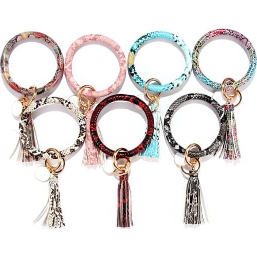 Snake Pattern Leather Bracelet Key Ring Bangle Tassel Keyring Circle Wristlet Keychain Bangle Keyholder For Women Girls Jewelry