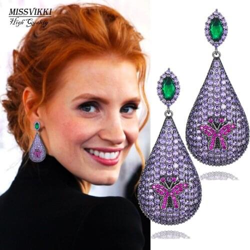 Missvikki Exquisite Austrian Purple Pink For Women Waterdrop Pendant Earrings Party Gift Brincos super Accessories High Quality
