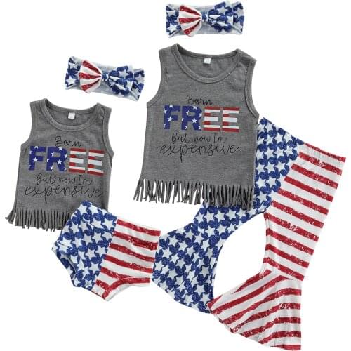 Multitrust Independence Day Baby Girls 3pcs Clothes Sets Letter Star Printed Sleeveless Tassel Vest Tops Flare Pants/Shorts