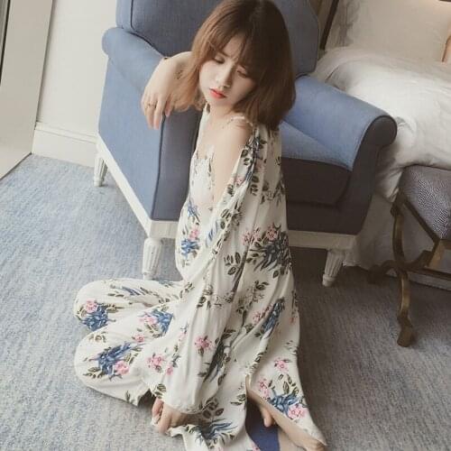 Spring summer new sweet and lovely concord belt long-sleeved three-piece woven cotton pajamas ladies sexy leisure home wear