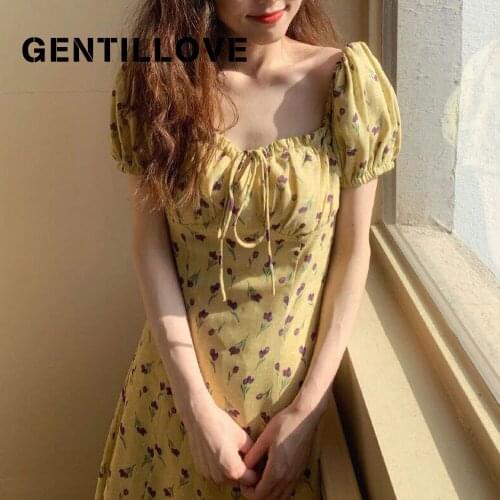 Gentillove Floral Print Vintage Yellow Dress Summer Women Dresses Cotton Short Sleeve Slim High Waist Mini Holiday Outwear