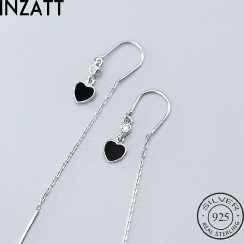 INZATT Minimalist Chain Black Enamel Heart Drop Earrings For Women Party Fashion 925 Sterling Silver Fine Jewelry Cute Gift