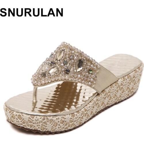 SNURULAN 2019 2017 womens summer golden and silver beaded sandals with rhinestones for relaxing beach slippers