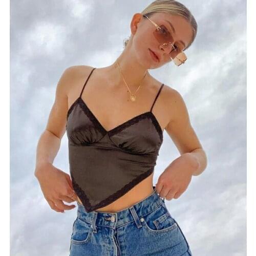 V Neck Solid Brown Top Y2K Sexy Satin Streetwear Spaghetti Straps Tops Women Lace Corset Top Lace Patchwork Crop 2021 Camis