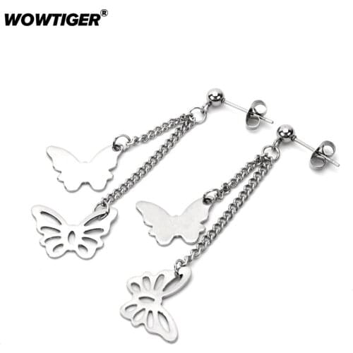 WOWTIGER butterfly Punk Earring eardrop pendant ear jewelry simple Stainless Steel Personality Earrings for women oorbellen gift