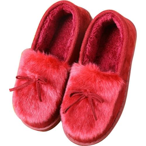 Suede Cover Heel Indoor Outdoor Slippers Winter Women Warm Cotton Shoes Ladies No Slip Floor Slipper with Bowknot for Female