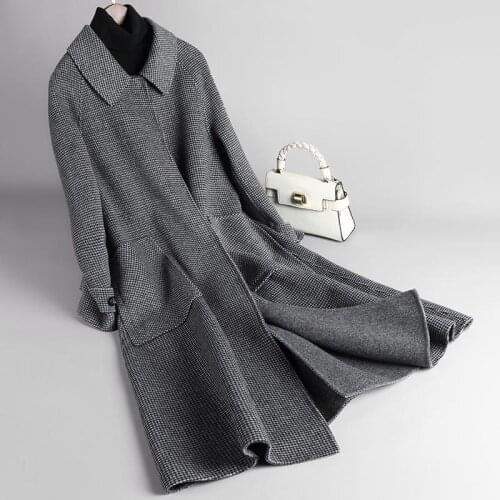 Women 2021 Autumn Winter New Woolen Plaid Jackets Female Turn-Down Collar Pockets Coats Ladies Casual Loose Wool Outwear Q585