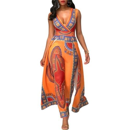 Dashiki Ethnic African Print Jumpsuit Sexy Romper Women V-neck Sleeveless Indie Folk Overalls Elegant Orange One Piece Jumpsuit