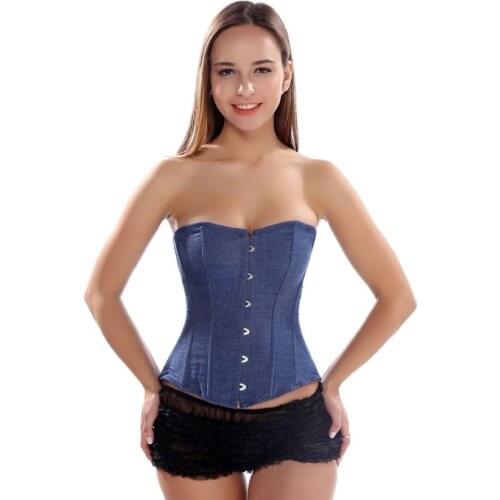 Women Sexy Blue Denim Buckle Overbust Corset Gothic Strapless Retro Corsets Waist Cincher Bustier Sexy Lingerie Top Plus Size