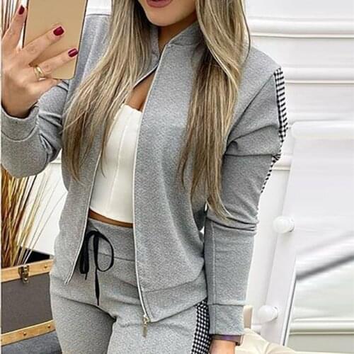 2 Two Piece Set Women Tracksuit Spring Autumn Clothes Plaid Patchwork Zipper Long Sleeve Top and Pants Suits Casual Womens Sets