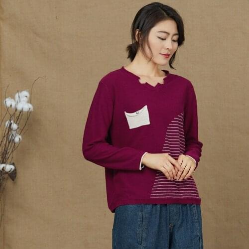 Fashion Autumn Women v-Neck Long-Sleeve Knitted Sweaters Female Casual Jumper Women Tops Pullover Stripes Cotton Sweaters Female