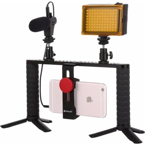 PULUZ 4 in 1 Live Broadcast LED Selfie Light Smartphone Video Rig Handle Stabilizer Aluminum Bracket Kits Microphone Tripod