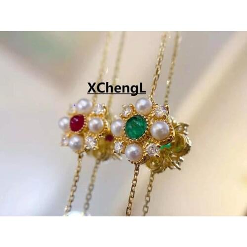 Au750(18K) Real Gold Pearl Chain Bracelet With Emeral/Ruby/Diamond Jewelry For Women&Lady&Wedding&Gift