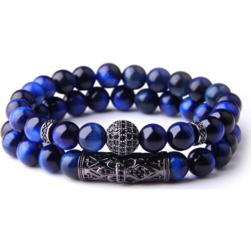 2 Pcs Group Bracelets For Women Men Fashion CZ Ball Charm Bangle Femme Polished Blue Tiger Eye Stone Beads Bracelets Men Jewelry