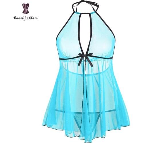 Black Blue Red Backless Sleepwear Womens Sexy Transparent Dress For Night Wear Halter Neck Lingerie 1031