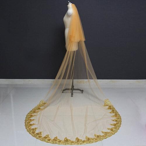 Gold Long Bridal Veil 2 T Cathedral 3 Meters Bling Sequins Lace Cover Face with Comb Wedding Veil Bride Accessories