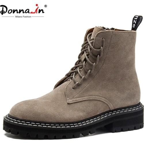 Donna-in 2021 New Autumn Genuine Leather Martin Boots Platform Block Heel Khaki Cow Suede Motorcycle Women Ankle Booties