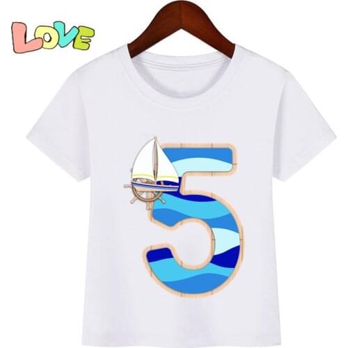Baby Kids Navy Blue Boat Birthday Print T Shirt Children Birthday Cool Number T-shirts Boy&Girl Funny Gift Tshirt Present
