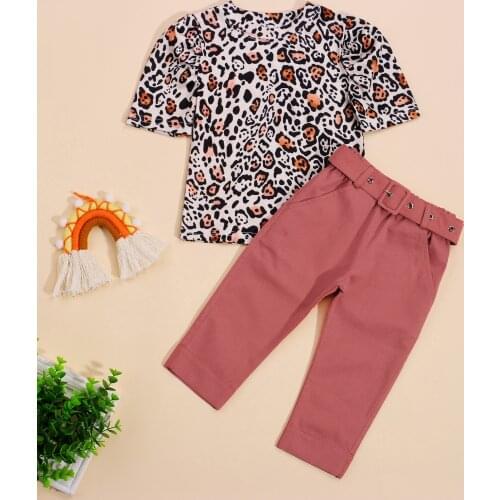 FOCUSNORM Fashion Toddler Girls Summer Clothes Sets 1-6Y Leopard Printed Puff Sleeve T Shirts Solid Long Pants With Belt