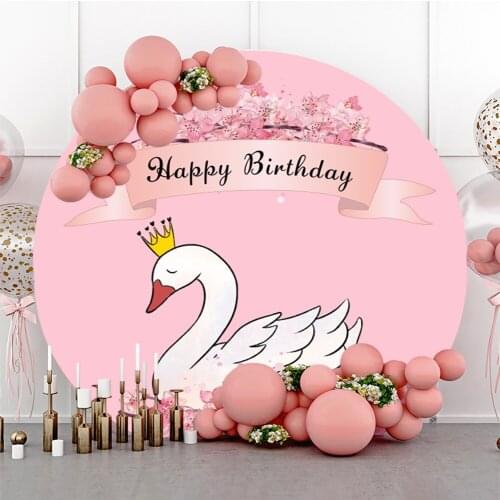 Laeacco Swan Crown Baby Birthday Party Round Circle Backdrops For Photography Pink Flowers Customized Poster Photo Backgrounds