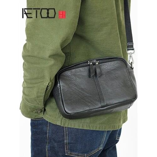 AETOO Mens shoulder bag, leather literary youth messenger bag, leather messenger bag with multiple zipper compartments